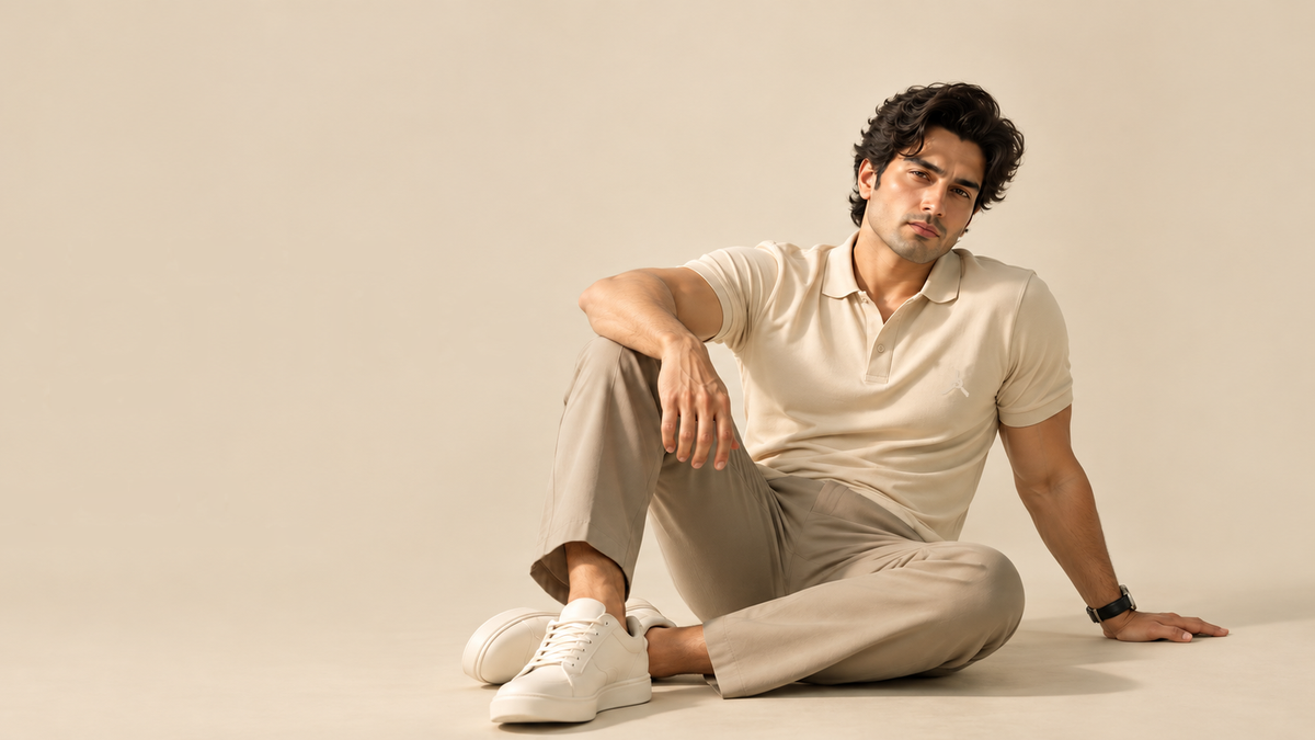 Model wearing a SUBTTL polo shirt