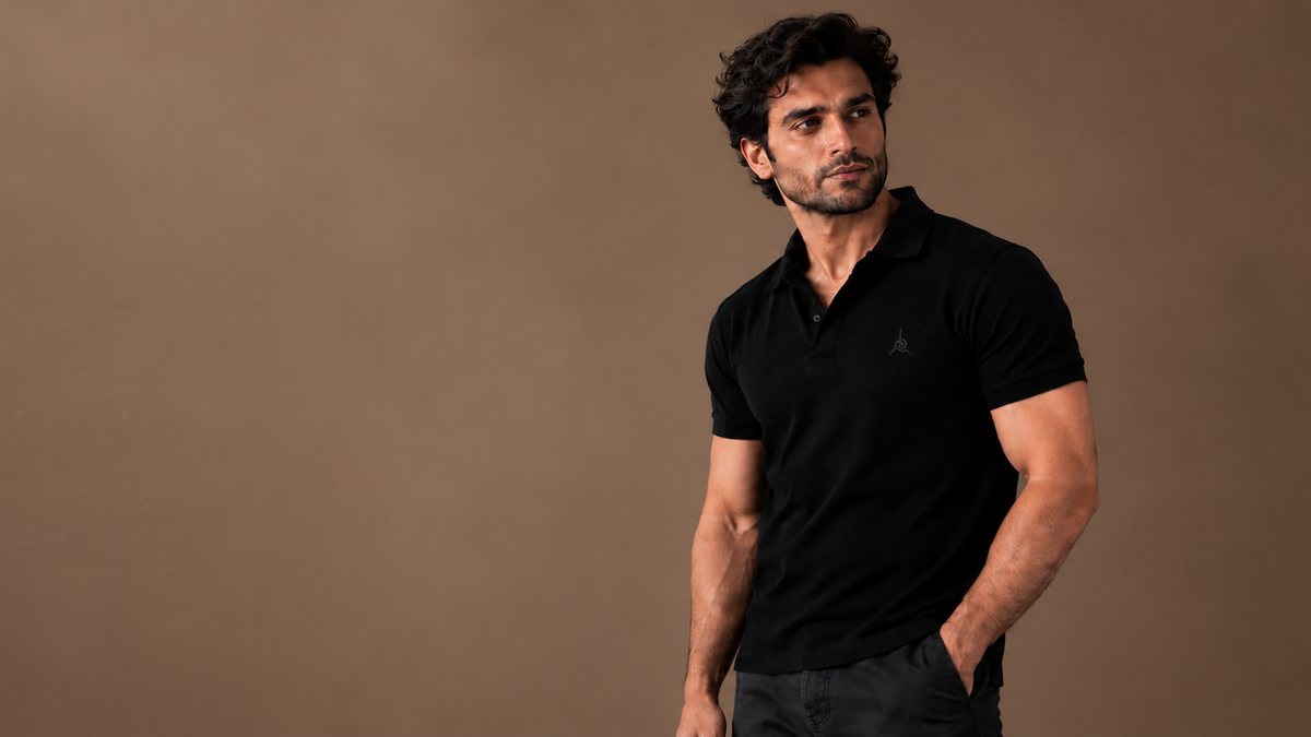 Model wearing a SUBTTL polo shirt