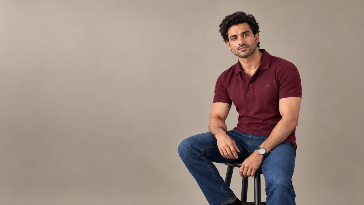 Model wearing a SUBTTL polo shirt